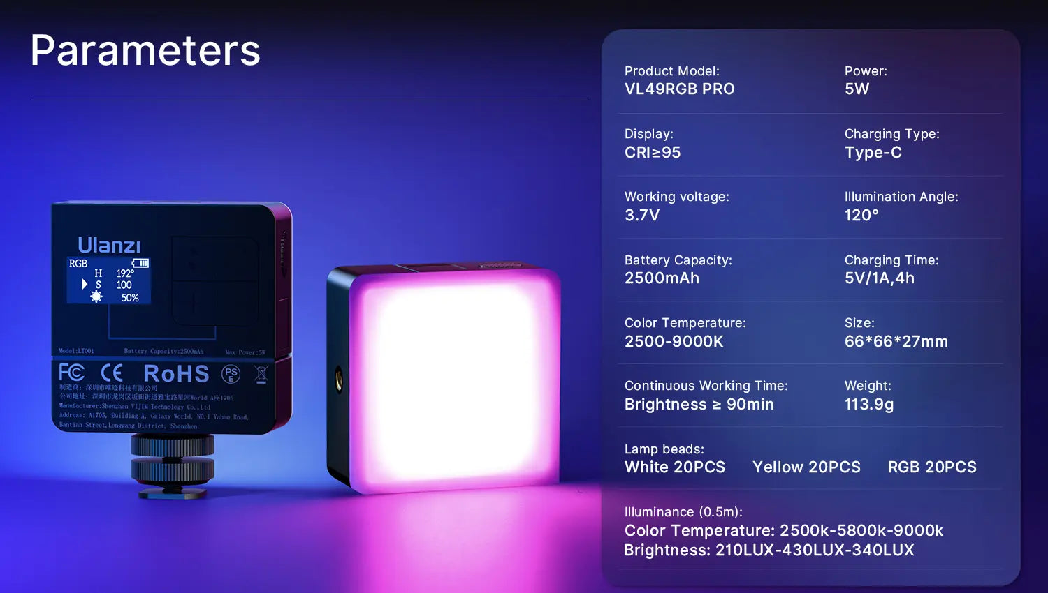 Ulanzi VL49 Pro punjiva mini RGB svjetiljka B01001